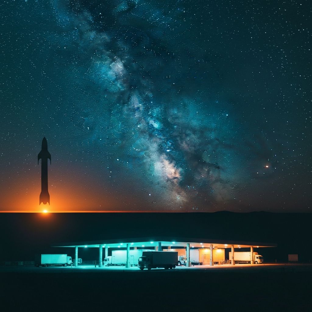 Night sky with Milky Way above Pinnacle Truck Stop, Starship silhouette, Mars horizon