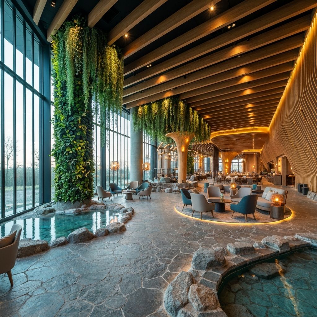 Ultra-luxury organic interior with stone floors, living green walls, and premium seating