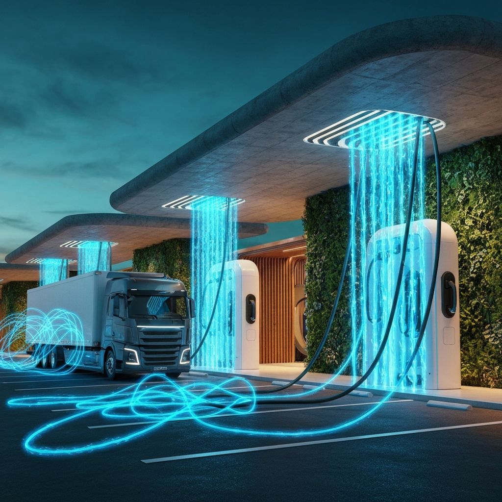 Tesla Semi Gen 2 at 1.2 MW Megacharger station with blue energy arcs