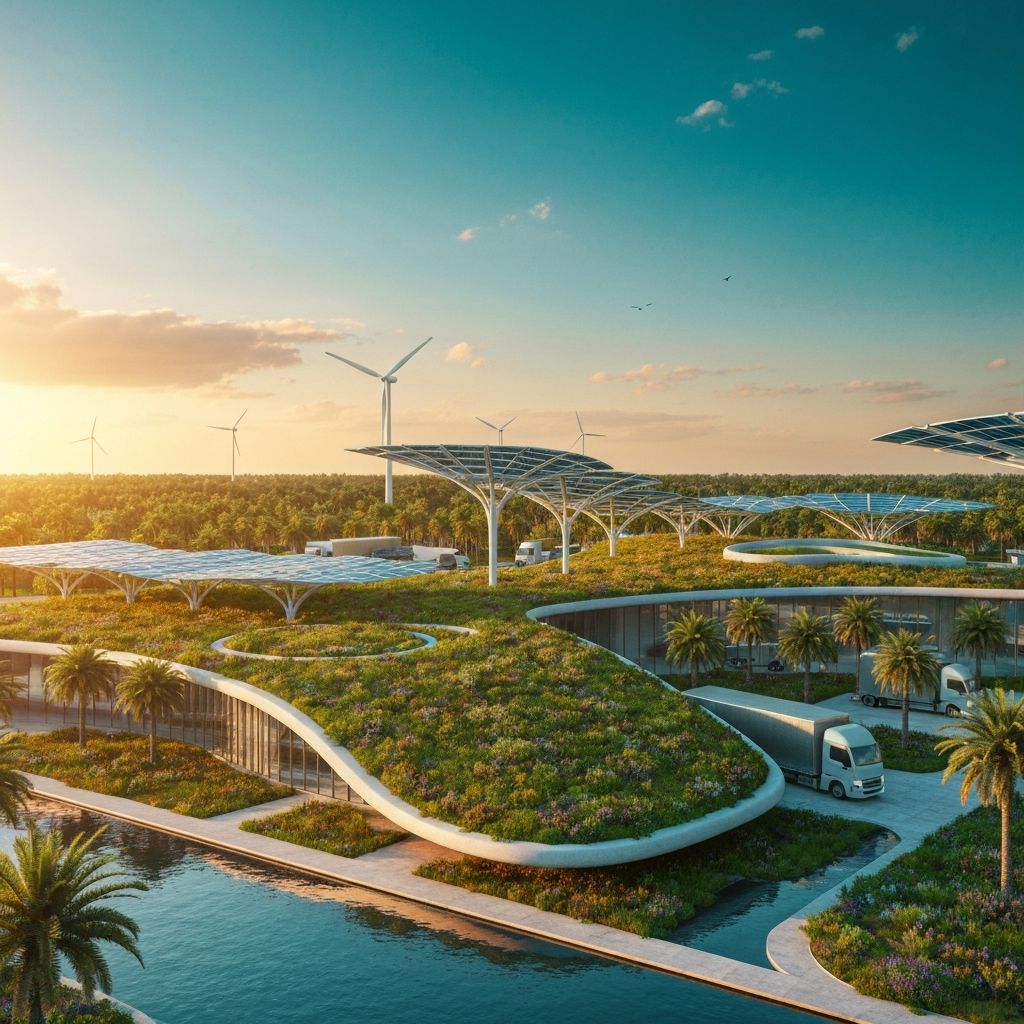 Architecture dissolving into Florida landscape with green roofs and solar canopies